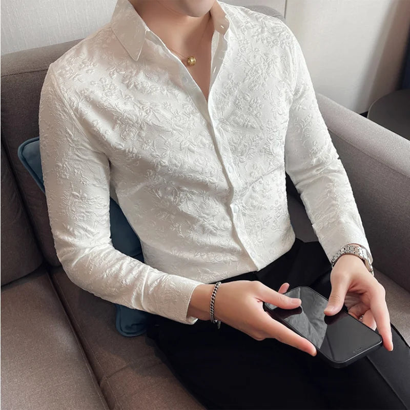 Luxury Vintage Jacquard Shirt 2024 Spring Long Sleeve Slim Fit Casual Tuxedo Fashion Man Wedding social Shirts Plus Size 4XL-M