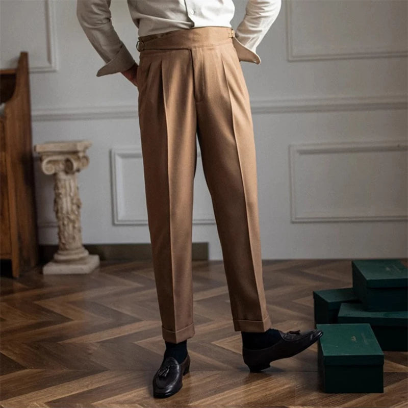 New Casual Solid Color Suit Trousers Men Spring Trendy Belt High Waist Pants Male Business Office Fashion Pleated Straight Pants