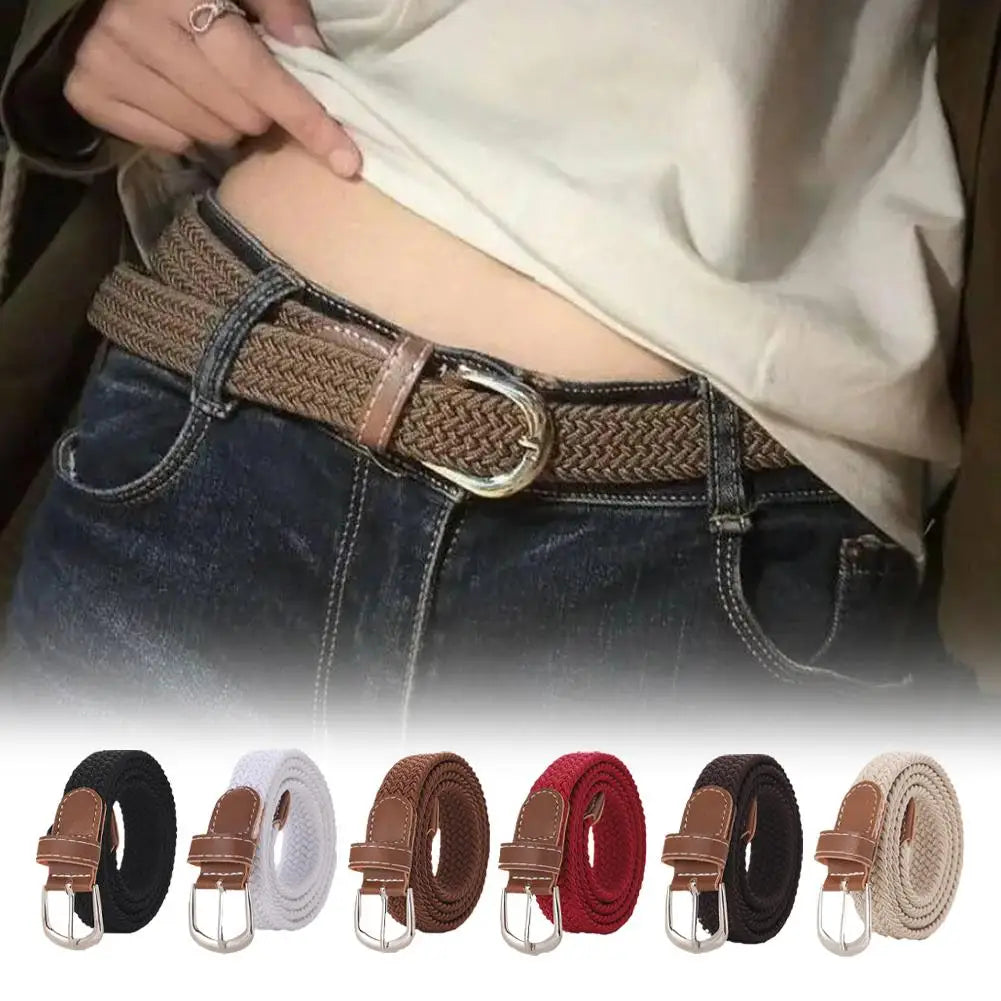 Casual Knitted Pin Buckle Men Belt Woven Canvas Elastic Expandable Braided Stretch Belts For Women Jeans Female B B6N9