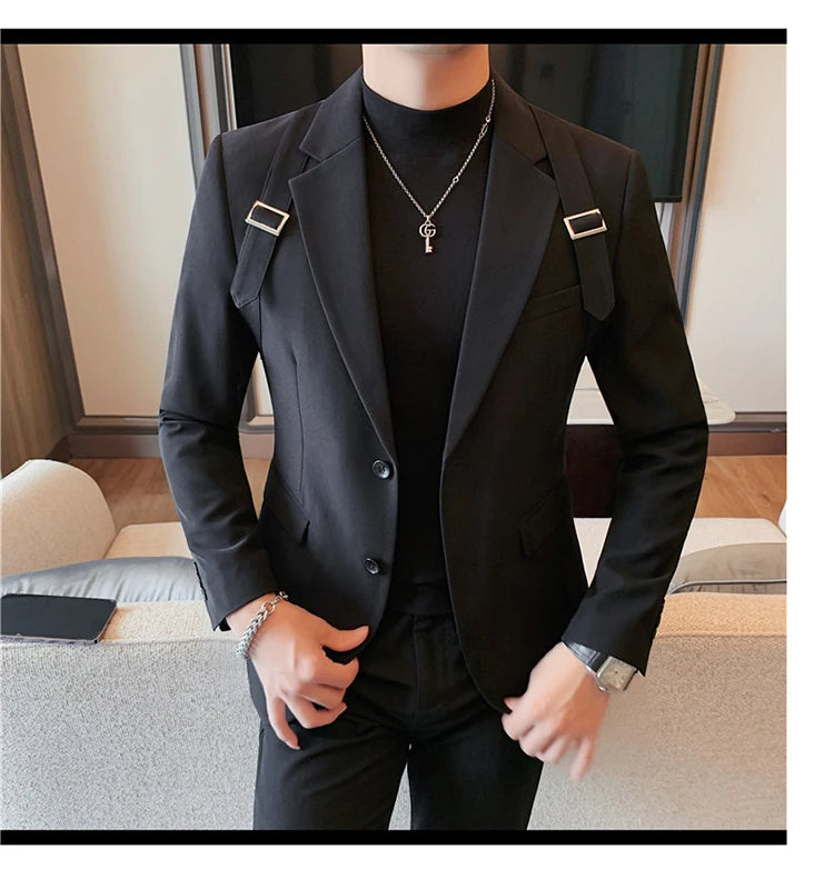 Brand Autumn Winter Strap Decoration Suit Jacket for Men Slim Fit Casual Business Blazers Fashion Wedding Groom Social Coat 2023