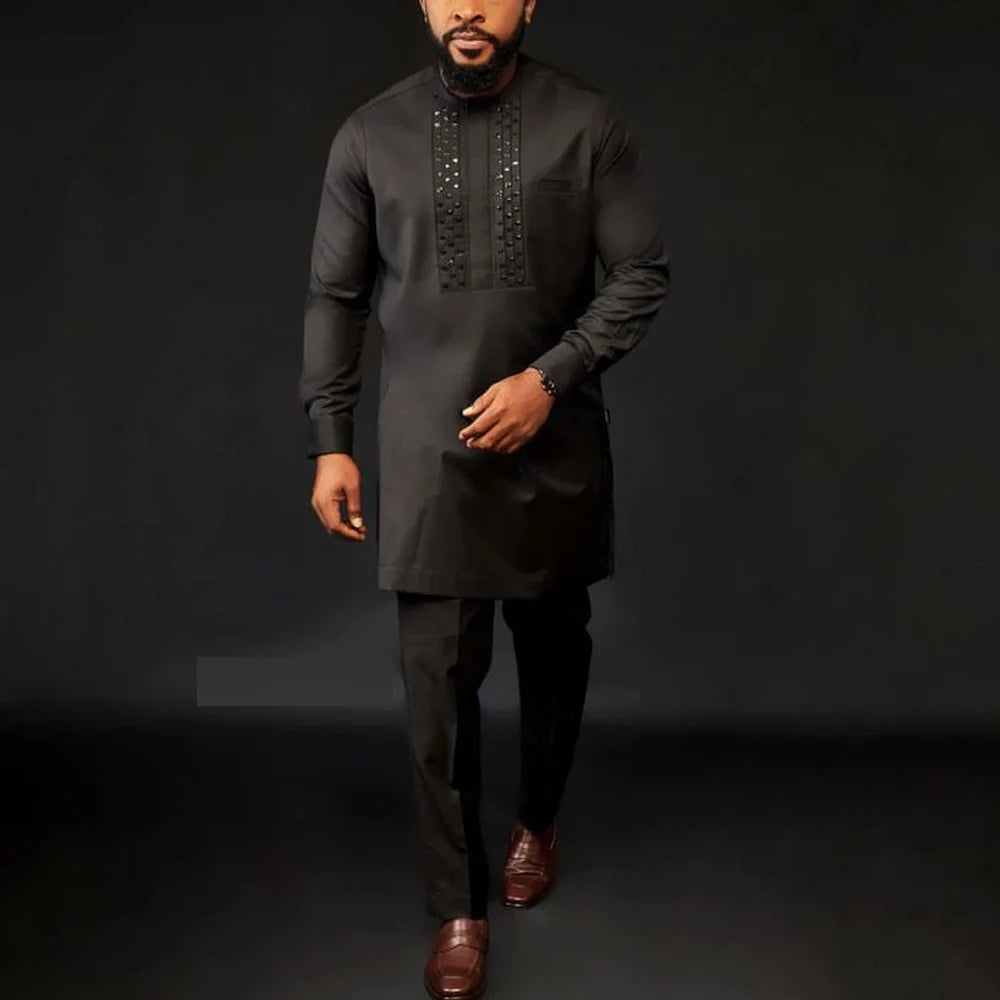 Dashiki African Men Clothing Long Sleeve Round Neck Geometric Panel Shirt and Pants 2-Piece Sets Wedding Party Elegant Men Suit