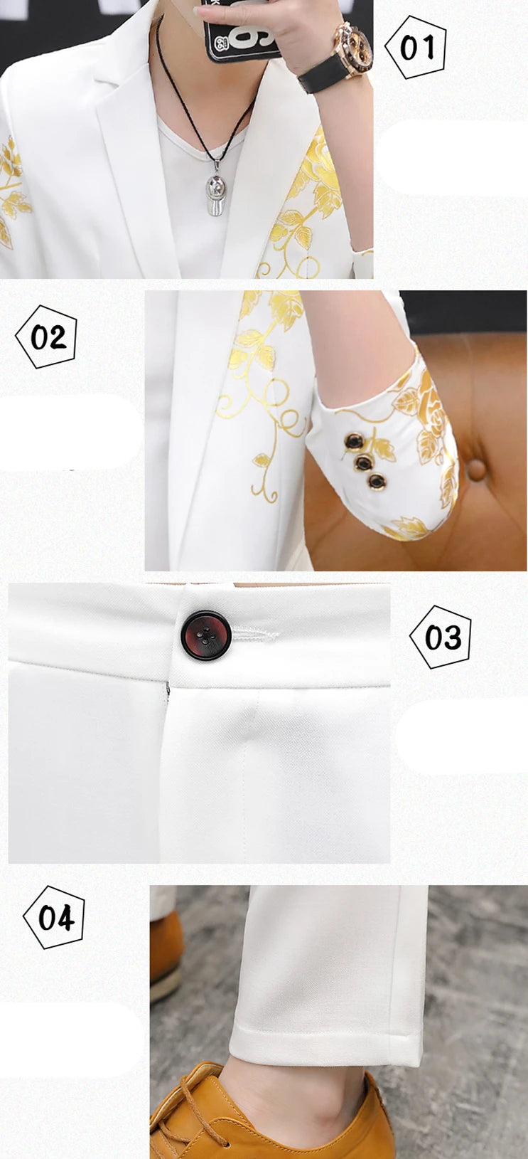 2024 New Men's Yellow Printed Suit Jacket and Trousers Spring Autumn Slim Men 2 Piece White Black Blazer Pants