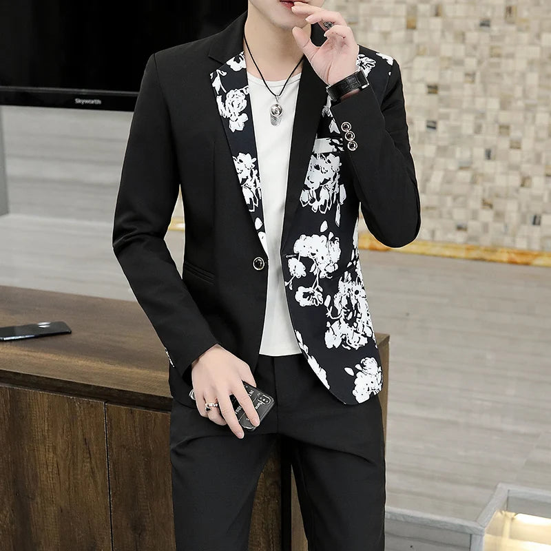 2024 New Men's Yellow Printed Suit Jacket and Trousers Spring Autumn Slim Men 2 Piece White Black Blazer Pants