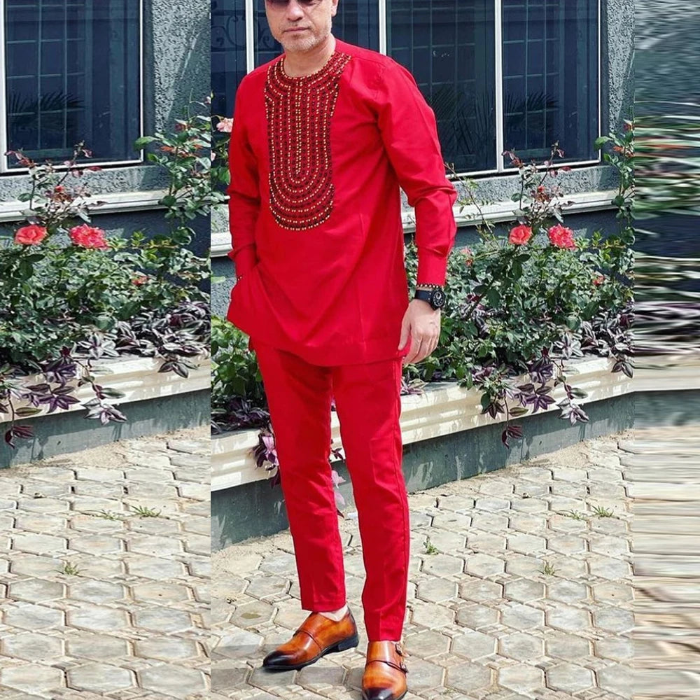 Dashiki African Men Clothing Long Sleeve Round Neck Geometric Panel Shirt and Pants 2-Piece Sets Wedding Party Elegant Men Suit