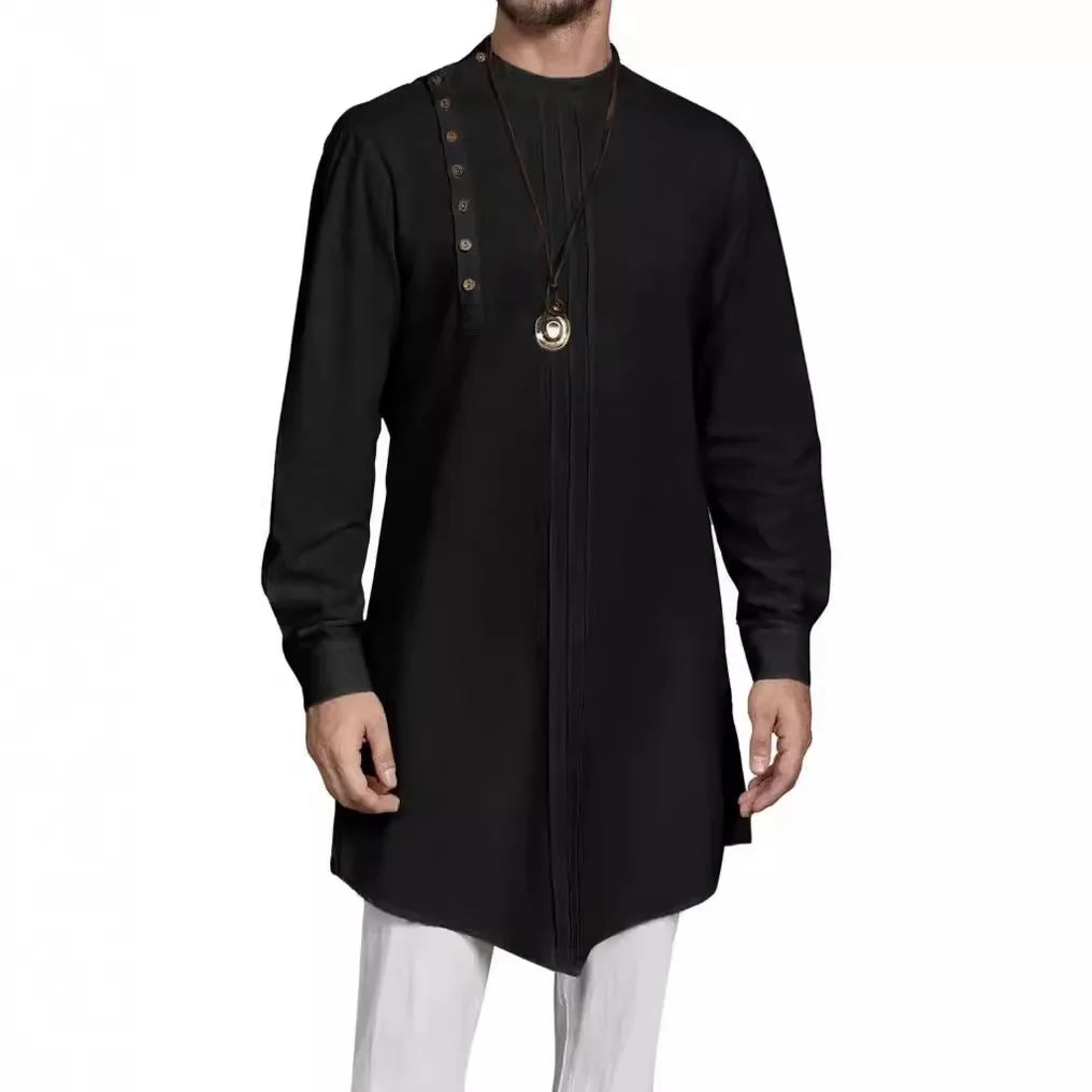 2024 Mens Kaftan Thobe Long Sleeve Robe Gown Casual Cotton Linen Button Muslim Shirt  Muslim Fashion  Islamic Clothing Men