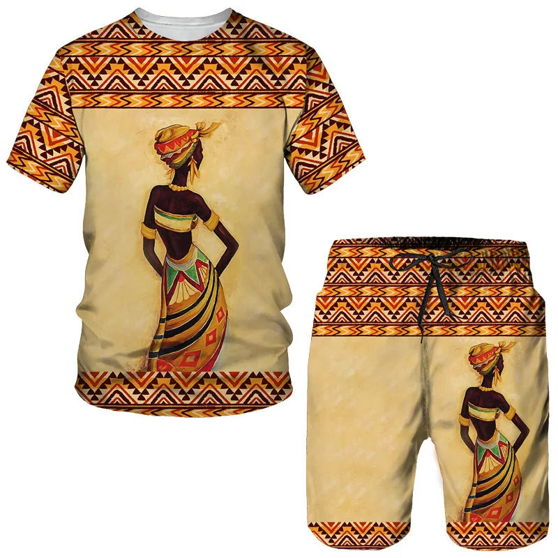 Fashion Men Summer Crew Neck Short Sleeve Top/Shorts/Retro Ethnic Style African Clothes Street Outfits Men's Leisure Sports Suit