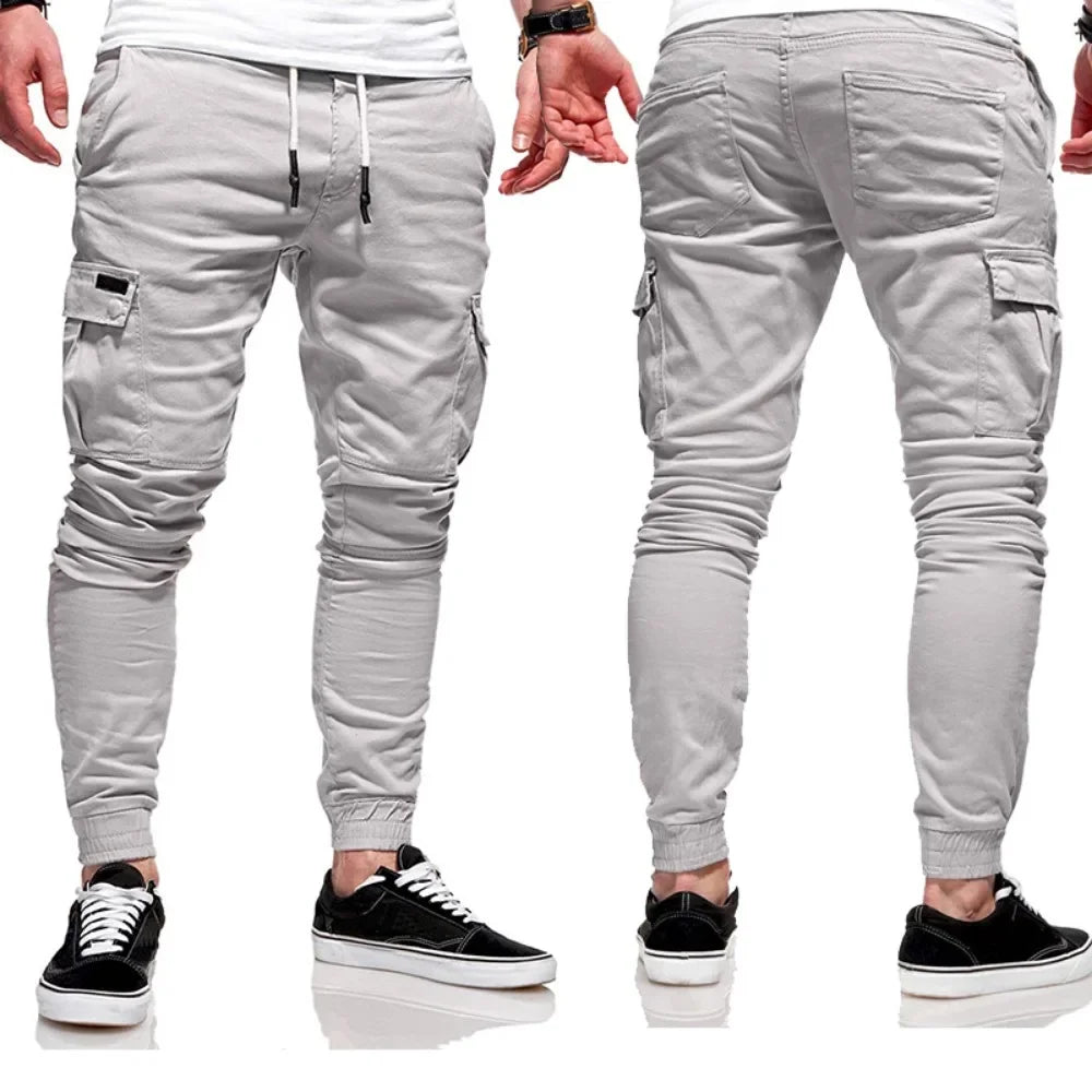 Men's Jogging Pants Denim Flip Pocket Side Drawstring Waist Overalls Leisure Elastic Sports Pants Training Tactical Pants