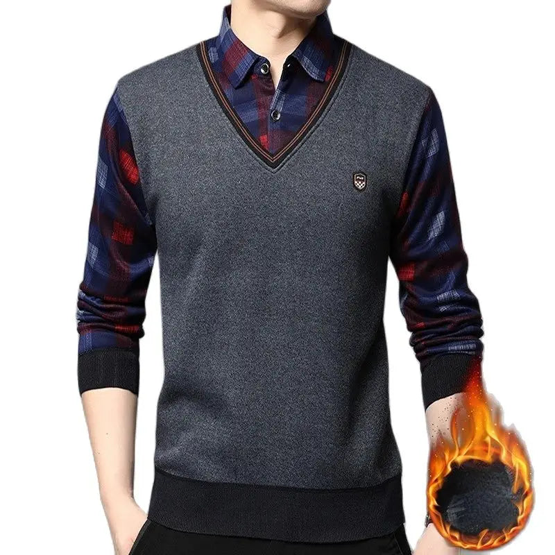 SHiONFA Autumn Winter Men's Long Sleeve Sweater Shirts Fake Two Pieces Pullovers Fleece Thick Shirt Knitted Casual Clothing 4XL