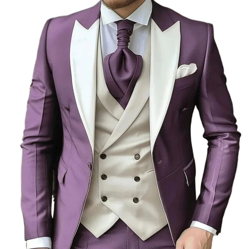 Elegant Men's Suits Three Piece Jacket Pants Vest Luxury Single Breasted Peak Lapel Purple Male Clothing Full Set