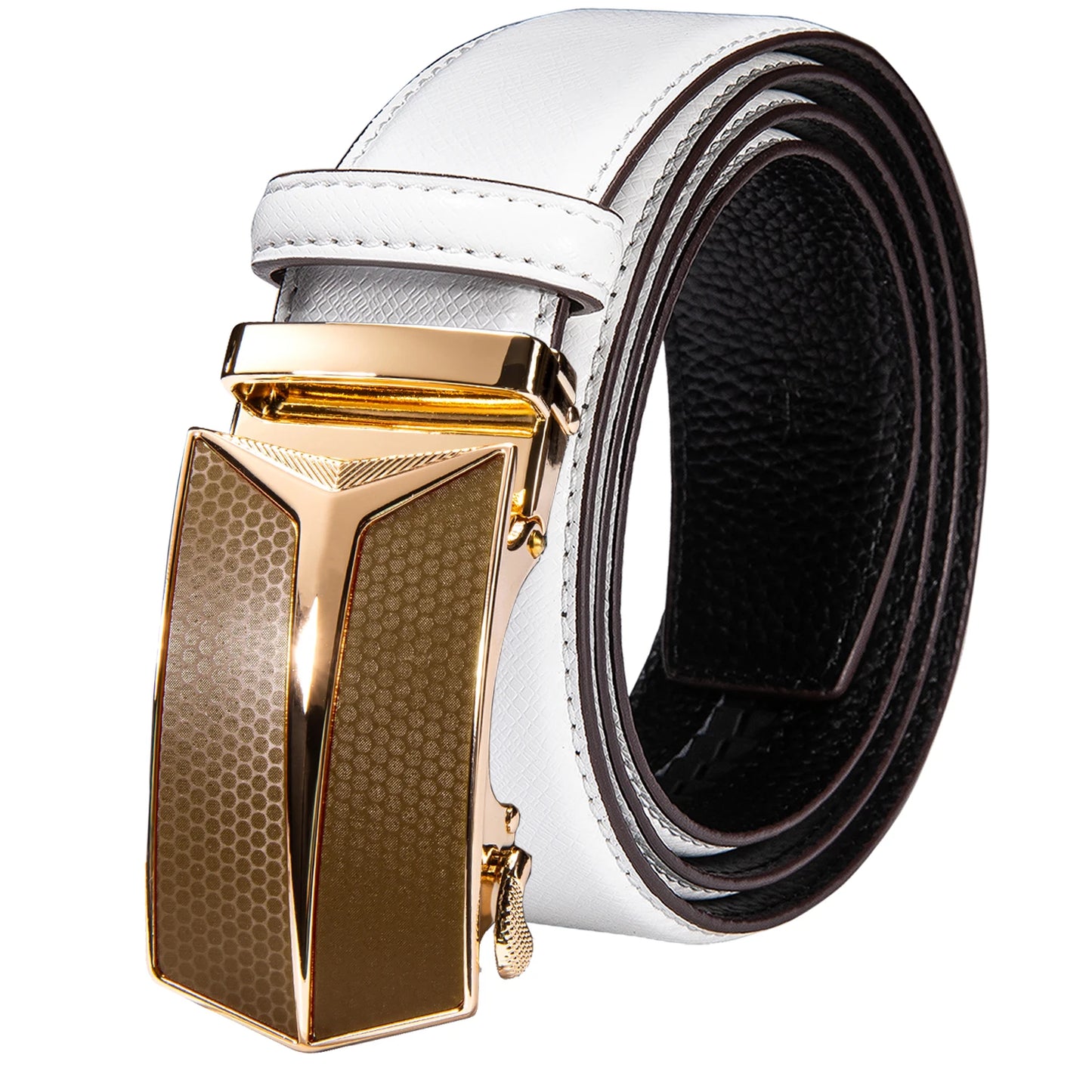 High Quality White Genuine Leather Mens Belts Gold Automatic Buckles Waistband Ratchet for Dress Jeans Casual Wedding Luxury