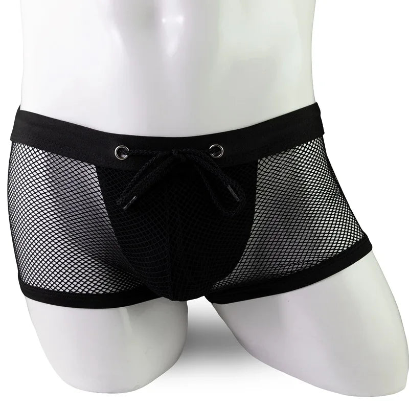 Men's Boxers Shorts Homme Jockstrap Underwear Gay Bikini Lingeries Transparent Mesh Panties Solid Breathable Pouch Underpants