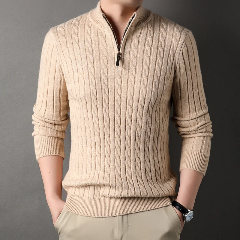 2023 Winter Men's Quarter Zip Sweater Slim Fit Casual Knitted Turtleneck Pullover Mock Neck Polo Sweater