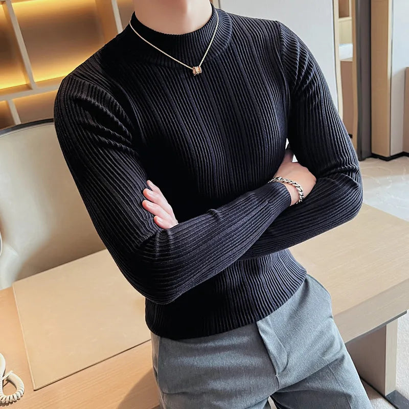 Plus Size 4XL-M Autumn Winter Half Turtleneck Stripe Sweater Men Elastic Knitting Pullover Korean Slim Solid Tight Sweater Tops