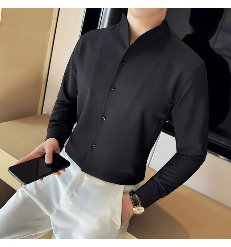 Sexy V-neck Shirt Men's Long Sleeved Casual Shirts Collarless Seamless Business Dress Shirt Social Party Tuxedo Blouse M-4XL