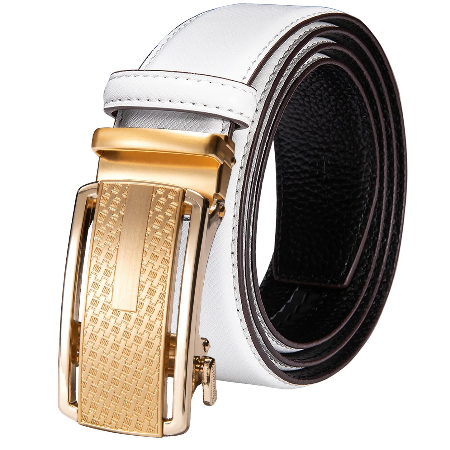 High Quality White Genuine Leather Mens Belts Gold Automatic Buckles Waistband Ratchet for Dress Jeans Casual Wedding Luxury