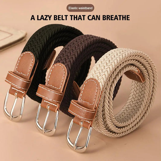 Casual Knitted Pin Buckle Men Belt Woven Canvas Elastic Expandable Braided Stretch Belts For Women Jeans Female B B6N9