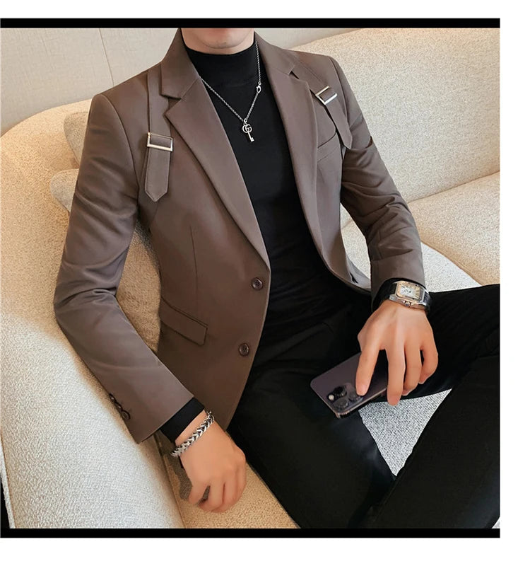 Brand Autumn Winter Strap Decoration Suit Jacket for Men Slim Fit Casual Business Blazers Fashion Wedding Groom Social Coat 2023