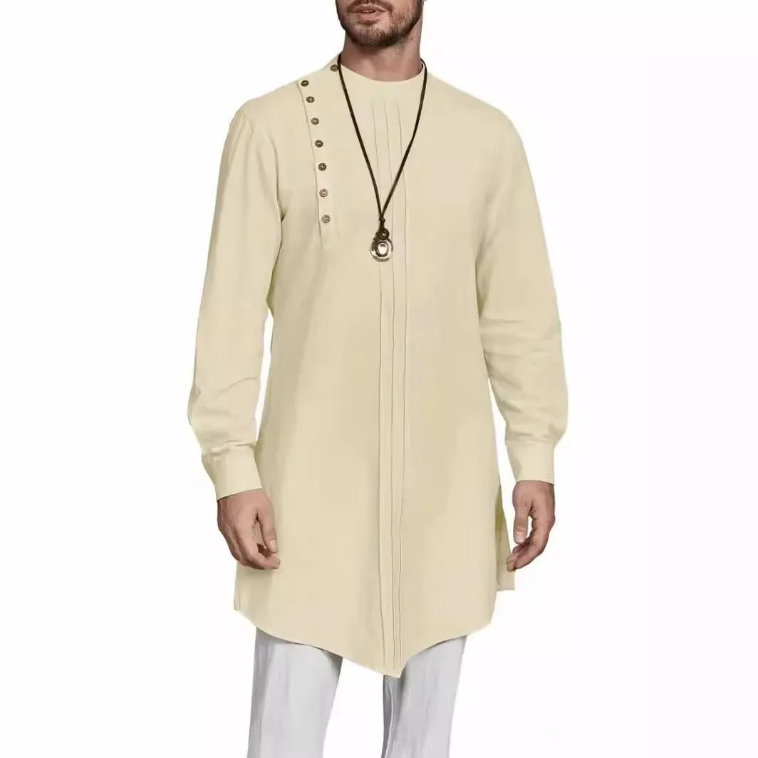 2024 Mens Kaftan Thobe Long Sleeve Robe Gown Casual Cotton Linen Button Muslim Shirt  Muslim Fashion  Islamic Clothing Men