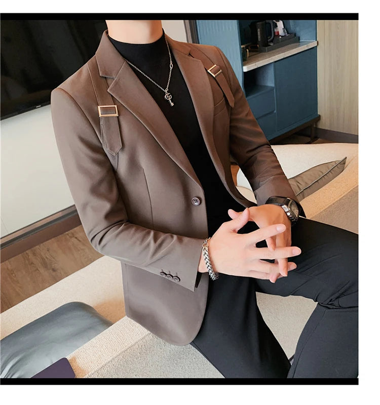 Brand Autumn Winter Strap Decoration Suit Jacket for Men Slim Fit Casual Business Blazers Fashion Wedding Groom Social Coat 2023