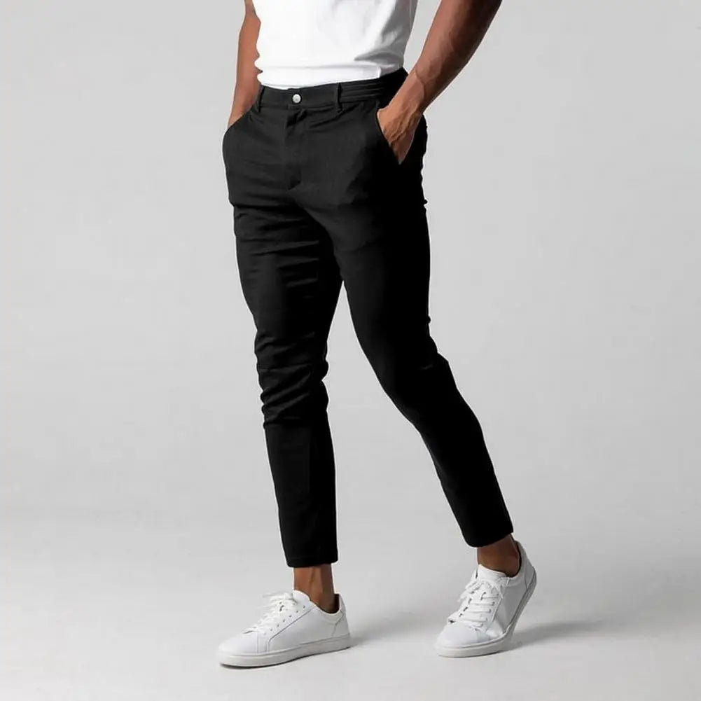 Men Trousers Solid Color Pants Elegant Men's Slim Fit Business Pants with Elastic Waist Button Closure Pockets Soft for Work