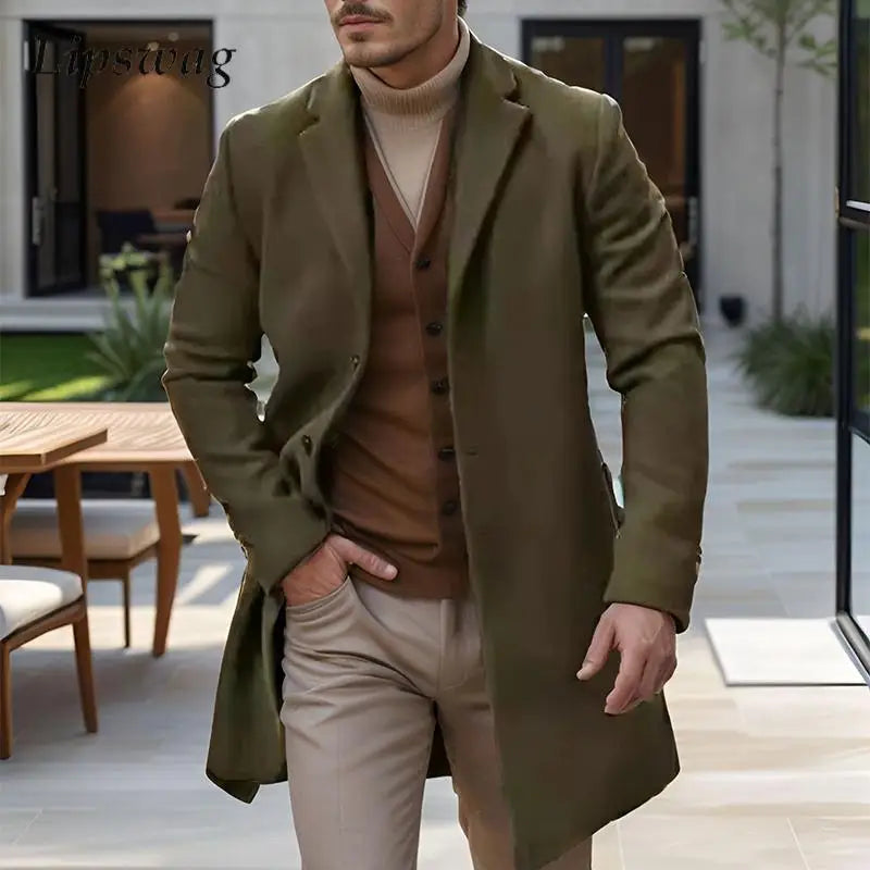 2024 Fall Winter Outdoor Casual Woolen Jacket For Mens Vintage Single-breasted Turn-down Collar Mid Coats Men Fashion Outerwear