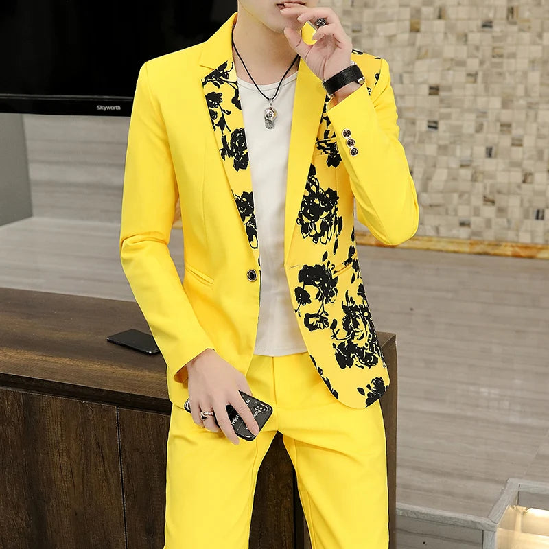 2024 New Men's Yellow Printed Suit Jacket and Trousers Spring Autumn Slim Men 2 Piece White Black Blazer Pants