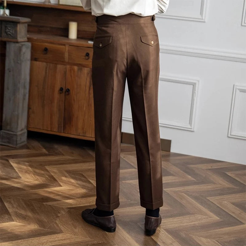 New Casual Solid Color Suit Trousers Men Spring Trendy Belt High Waist Pants Male Business Office Fashion Pleated Straight Pants