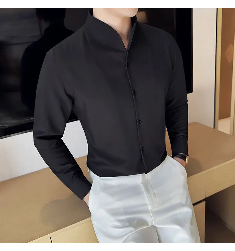 Sexy V-neck Shirt Men's Long Sleeved Casual Shirts Collarless Seamless Business Dress Shirt Social Party Tuxedo Blouse M-4XL