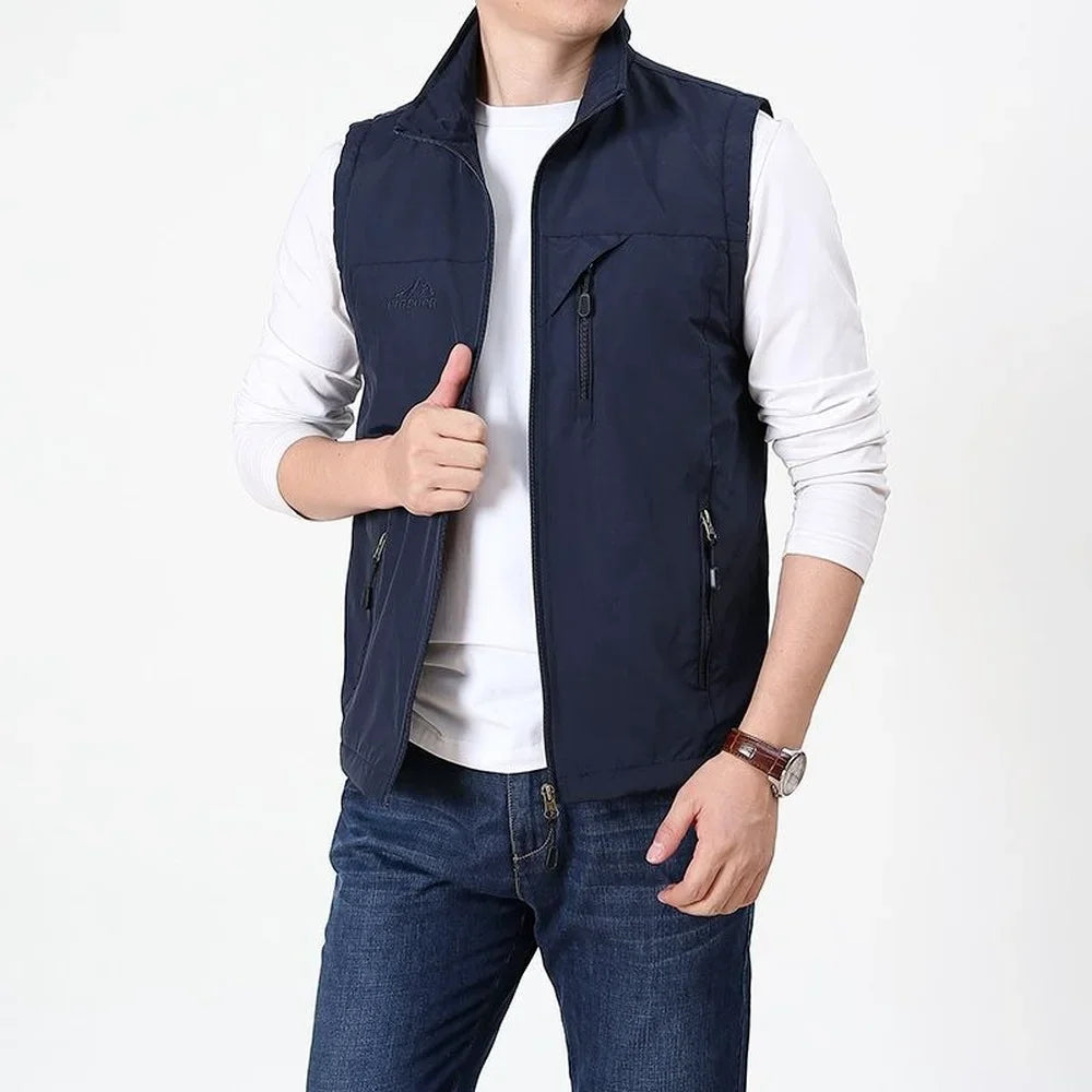 Summer Thin Vest Jacket Men Outdoor Casual Clothes Lightweight Short Sleeve Vests Men Stand Collar Male Trekking Coat Traveling