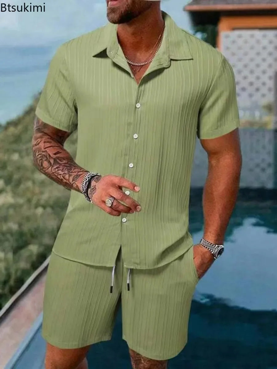 Men's Beach Style Sets 2024 High-Quality Strip Texture Comfotable Casual 2-Piece Man Short Sleeve Shirts+Short Pants Suits Sets