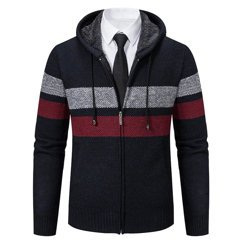 Men's Striped Cardigan Winter Sweater Fleece Jumper Hooded Clothes Harajuku Japanese Casual Windbreaker Korean Knit Jacket Coat