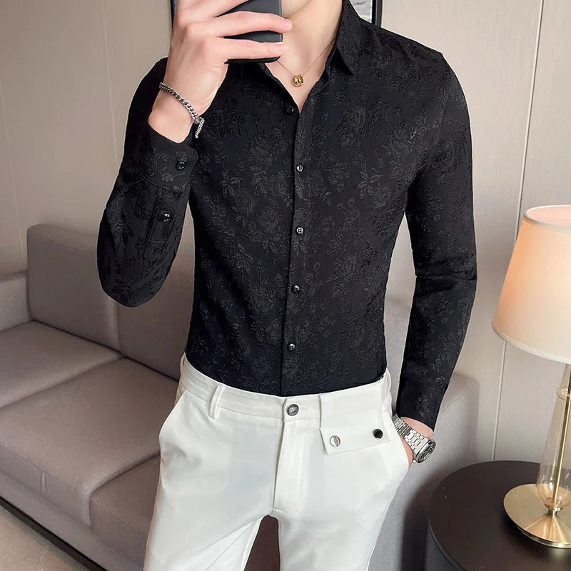 Luxury Vintage Jacquard Shirt 2024 Spring Long Sleeve Slim Fit Casual Tuxedo Fashion Man Wedding social Shirts Plus Size 4XL-M