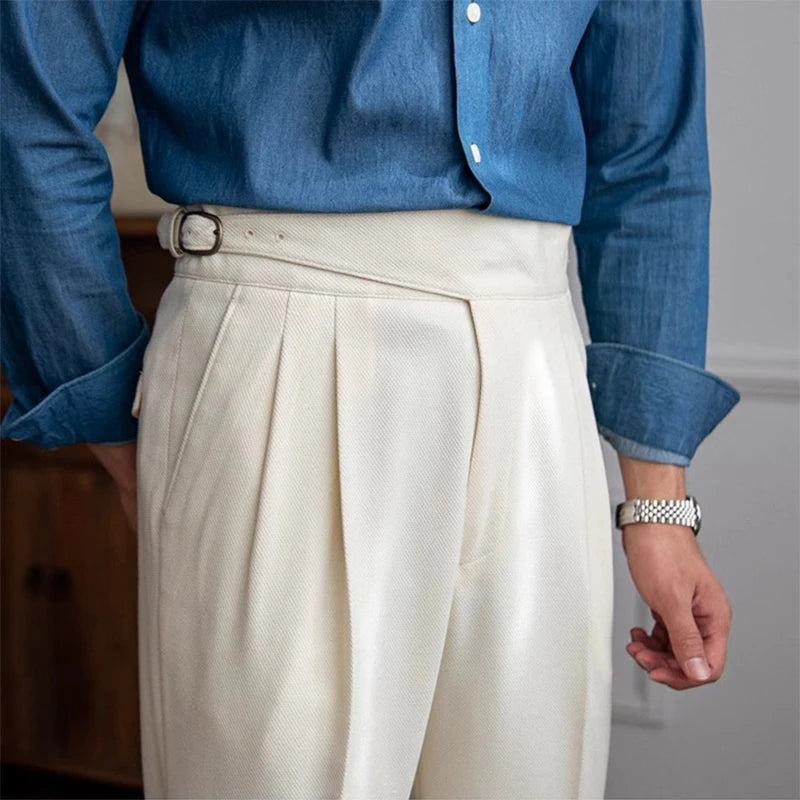 New Casual Solid Color Suit Trousers Men Spring Trendy Belt High Waist Pants Male Business Office Fashion Pleated Straight Pants