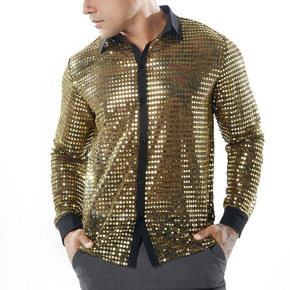 2023 Fashion Mens Sparkly Sequins Party Dance Shirts Retro 70s Disco Nightclub Shirt Tops Single Breasted Performance Clothing