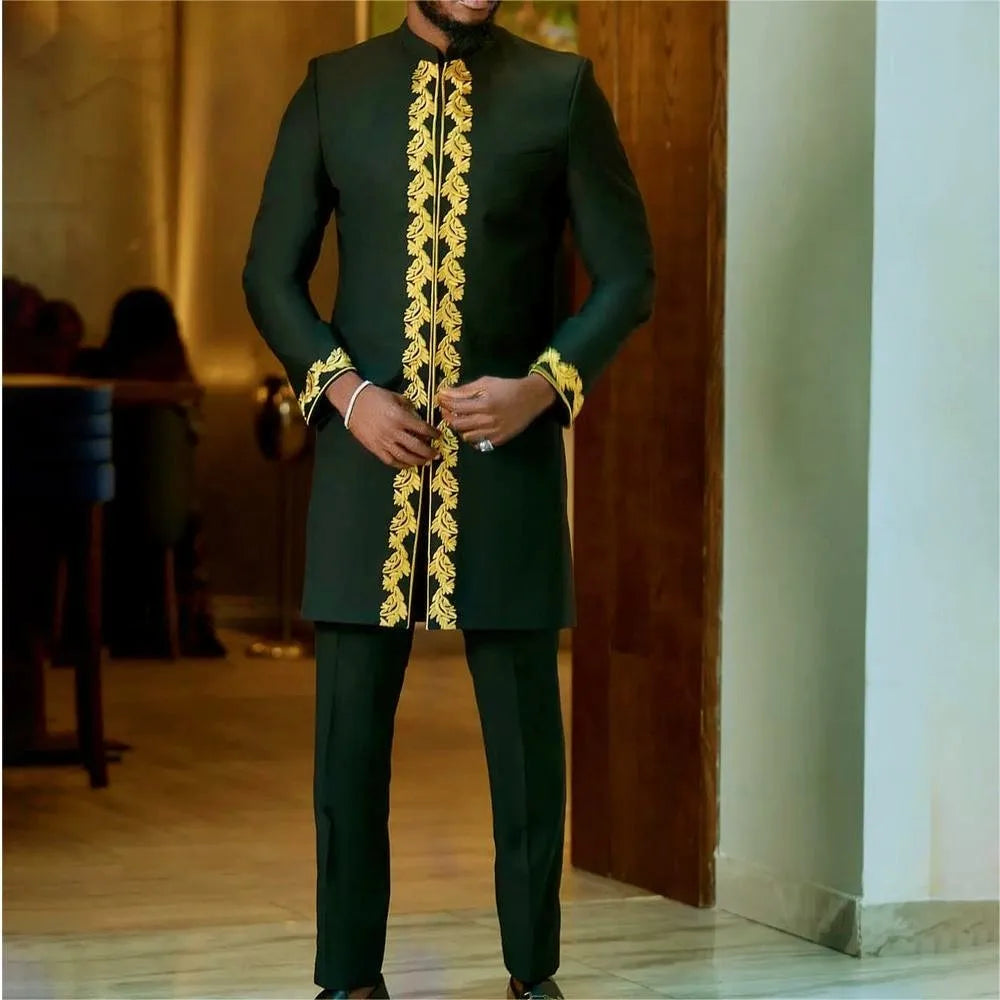 2024New elegant black 2 piece shirt pants suit long sleeve African national style embroidered suit long gown men's clothing