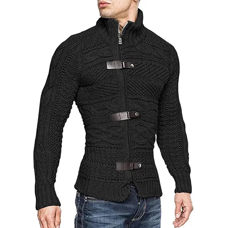 Men Sweaters Autumn Winter High Neck Sweater Men's Leather Buckle Long Sleeve Knitted Cardigan Coat Large Size Men Clothing