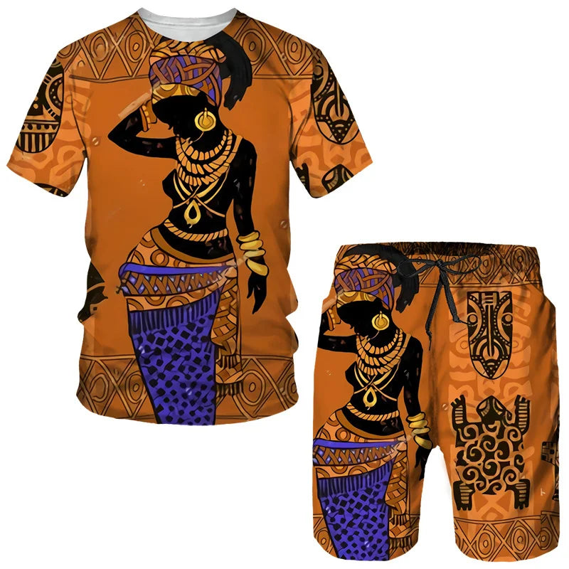 Fashion Men Summer Crew Neck Short Sleeve Top/Shorts/Retro Ethnic Style African Clothes Street Outfits Men's Leisure Sports Suit