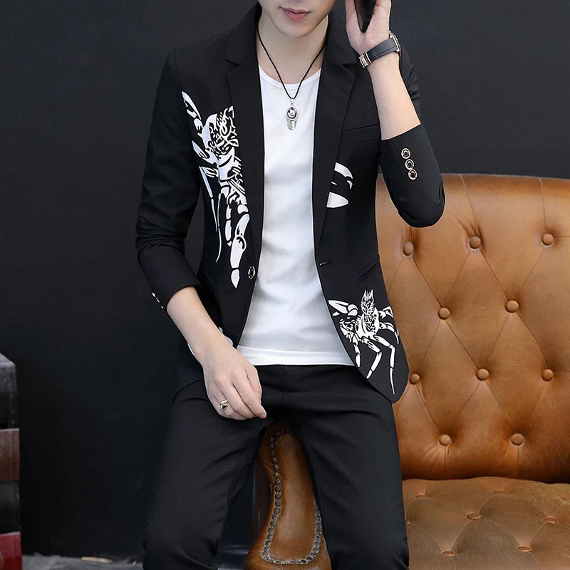 2024 New Men's Yellow Printed Suit Jacket and Trousers Spring Autumn Slim Men 2 Piece White Black Blazer Pants