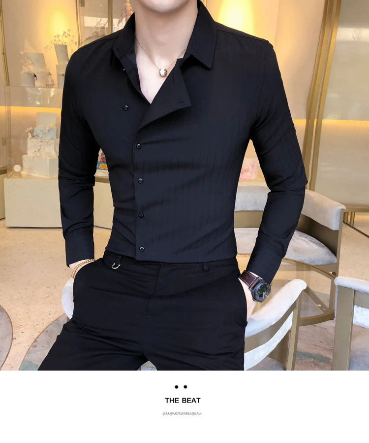 Men British Business Formal Social Long-sleeved Shirts Solid Color Homme Casual Slim Side Front Personality Party Banquet Blouse