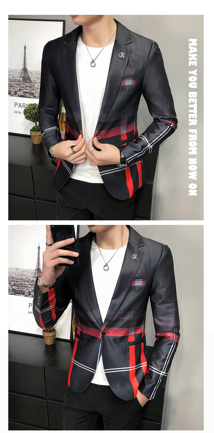 Blazer Men Boutique Fashion Plaid Men's Slim Casual Suit Jacket Male Ball Social Blazer Suit Coat Host Clothing