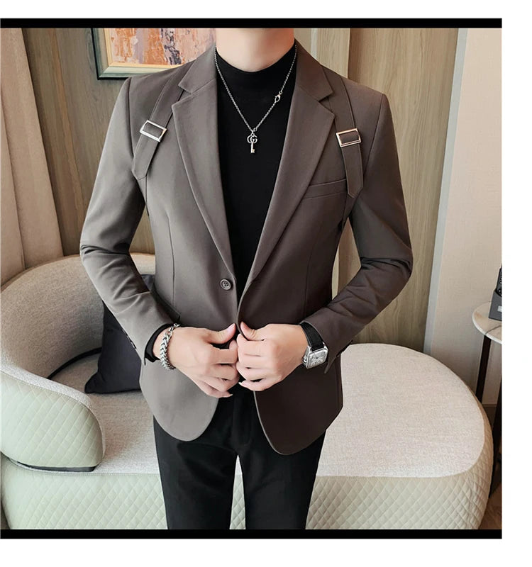 Brand Autumn Winter Strap Decoration Suit Jacket for Men Slim Fit Casual Business Blazers Fashion Wedding Groom Social Coat 2023