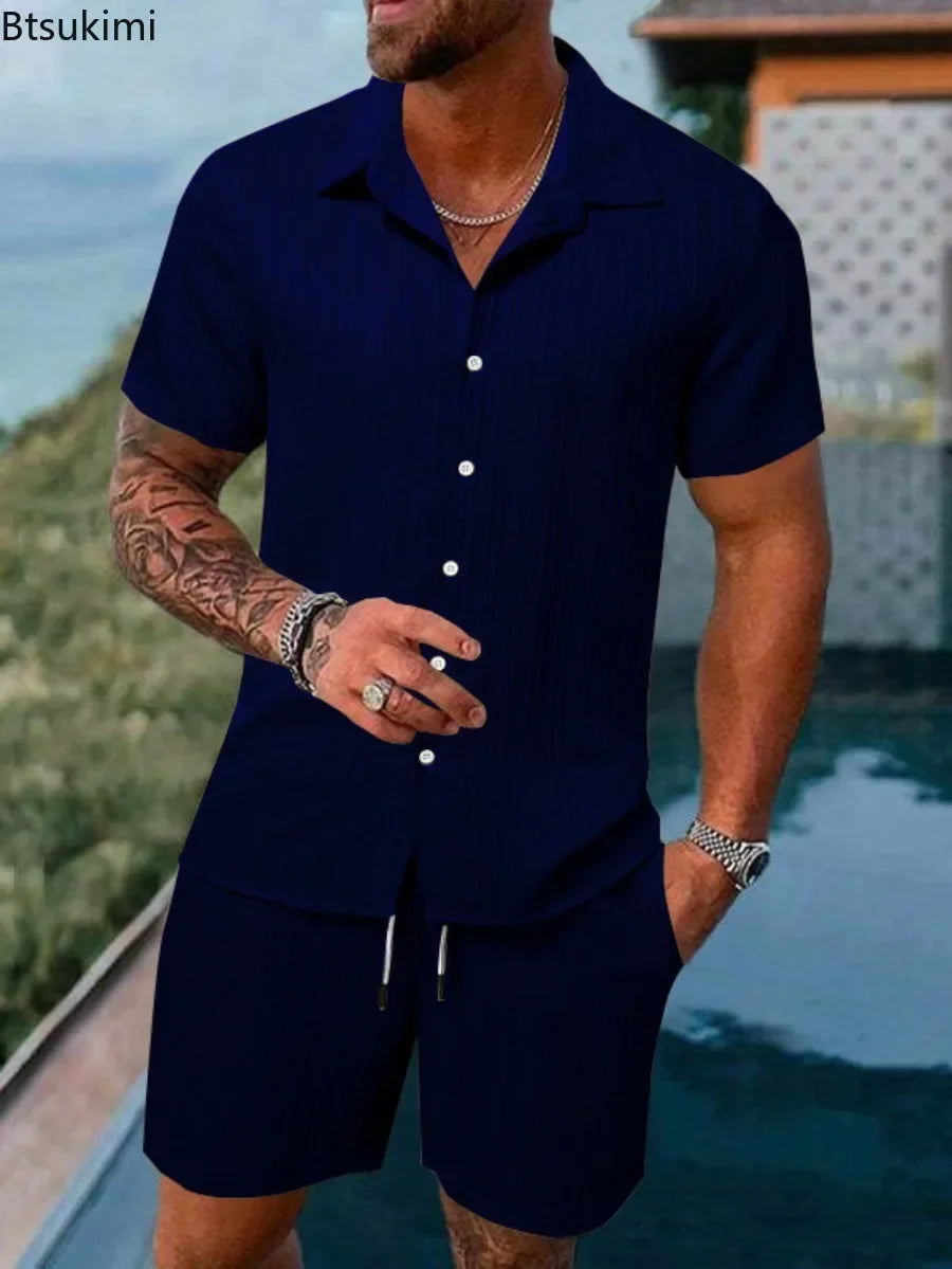 Men's Beach Style Sets 2024 High-Quality Strip Texture Comfotable Casual 2-Piece Man Short Sleeve Shirts+Short Pants Suits Sets