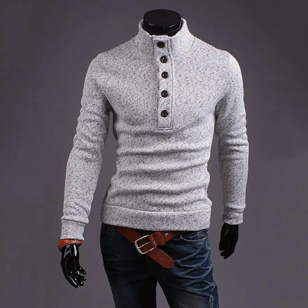 Men Fall Winter Sweater Button High Collar Long Sleeve Slim Fit Thick Warm Elastic Solid Color Mid Length Men Pullover Sweater