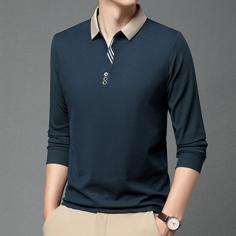 Autumn New Men's Long-sleeved Polo Shirt Business Casual Slim Elastic Top Fashion Scissor Collar Solid Color