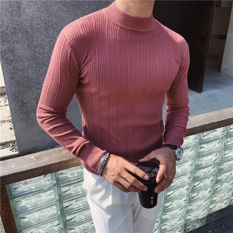 Plus Size 4XL-M Autumn Winter Half Turtleneck Stripe Sweater Men Elastic Knitting Pullover Korean Slim Solid Tight Sweater Tops