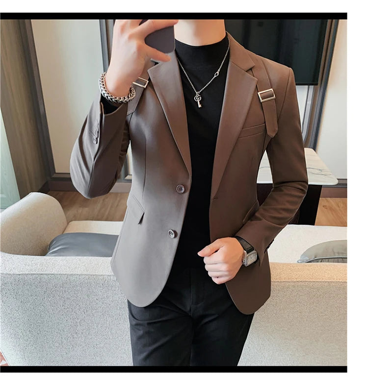 Brand Autumn Winter Strap Decoration Suit Jacket for Men Slim Fit Casual Business Blazers Fashion Wedding Groom Social Coat 2023