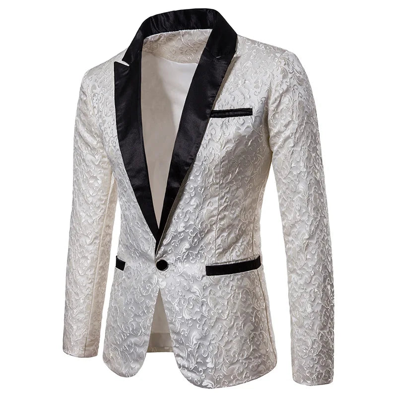 Fashion Men Business Social Jacquard Suit Jacket Single Breasted Top Black / White / Gold Men's Wedding Party Dress Blazers Coat