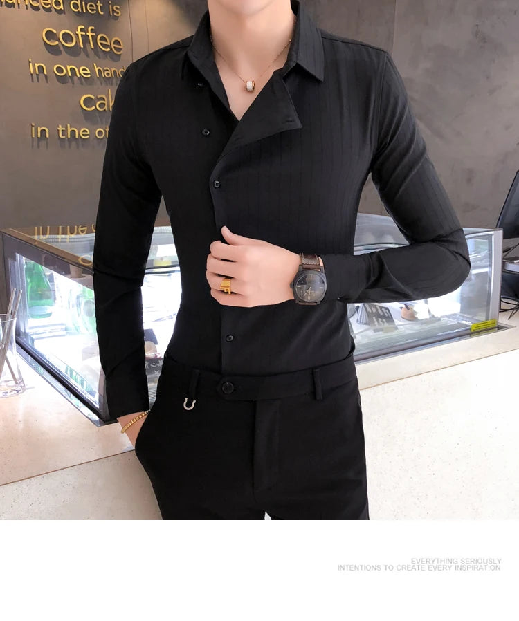 Men British Business Formal Social Long-sleeved Shirts Solid Color Homme Casual Slim Side Front Personality Party Banquet Blouse