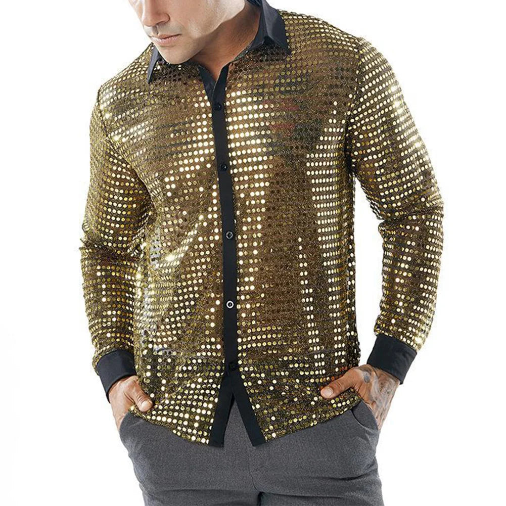 2023 Fashion Mens Sparkly Sequins Party Dance Shirts Retro 70s Disco Nightclub Shirt Tops Single Breasted Performance Clothing