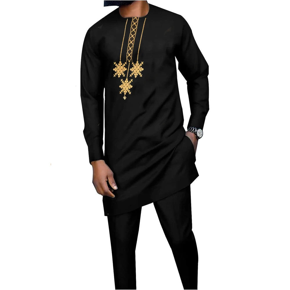 Dashiki African Men Clothing Long Sleeve Round Neck Geometric Panel Shirt and Pants 2-Piece Sets Wedding Party Elegant Men Suit